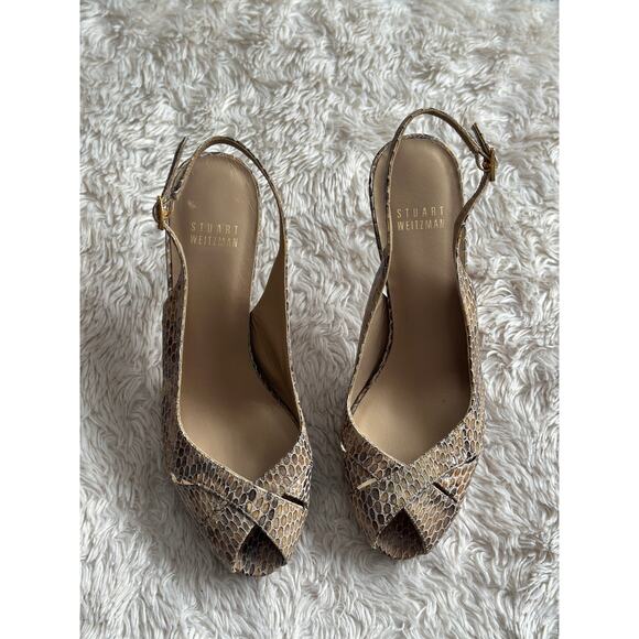 Stuart Weitzman Sz 7 Peeptoe Mushroom Crystal Slingback Snakeskin Pumps Heels - Picture 3 of 9